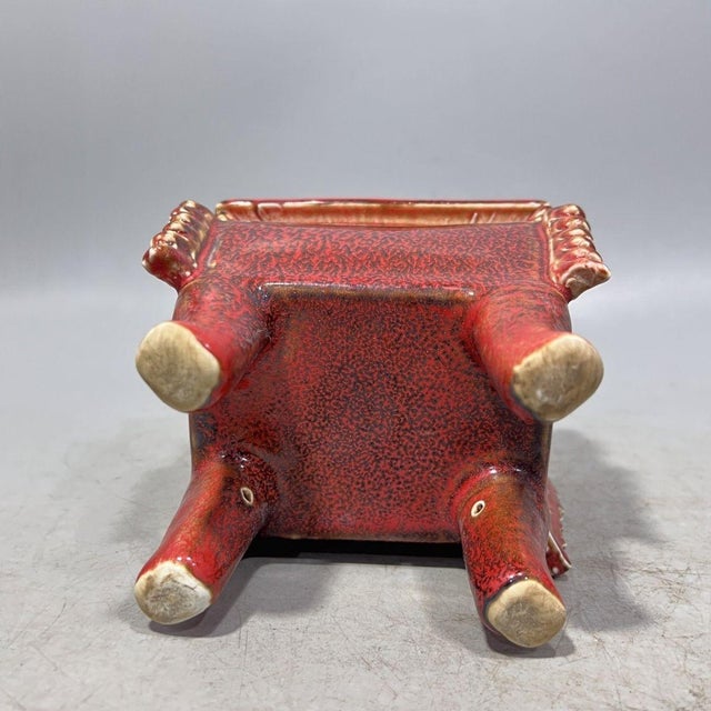 Red Chinese Red Glazed Gilt Bronze-Form Quadripod Censer With Beast Finial, Marked "Ming Xuande" (Fang Ding) For Sale - Image 8 of 9