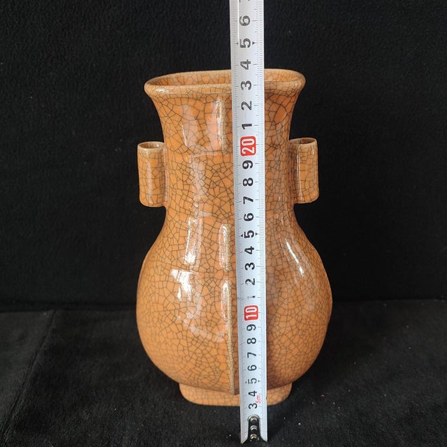 Chinese Ceramic Vase,Ge Ware Brown Crackle Glaze Porcelain Double Ears Vase For Sale - Image 9 of 10