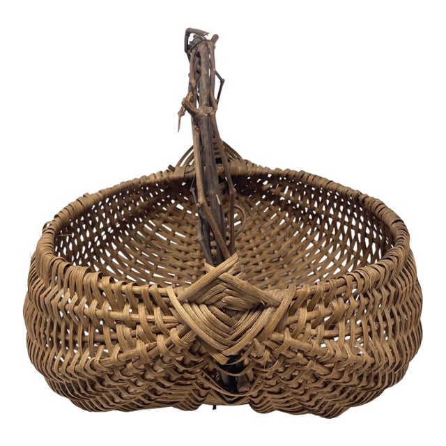 Antique 19th Century Buttocks Basket – Hand-Split Oak W/ Twig Handle & God’s Eye For Sale