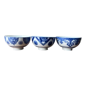 1980s Bombay Company Blue and White Footed Rice Bowls- Set of 3