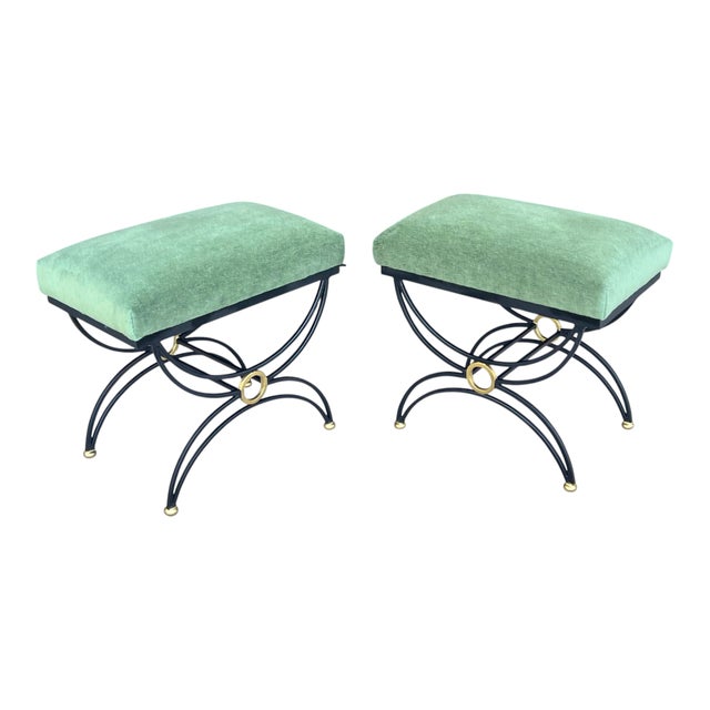 1980s Hand-Forged Sculptural Wrought Iron Accent Benches in Dark Green Mohair- A Pair For Sale In Los Angeles - Image 6 of 13