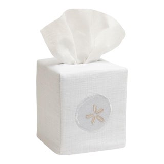 Cream Sand Dollar Tissue Box Cover in White Linen & Cotton, Embroidered For Sale