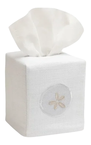 Cream Sand Dollar Tissue Box Cover in White Linen & Cotton, Embroidered