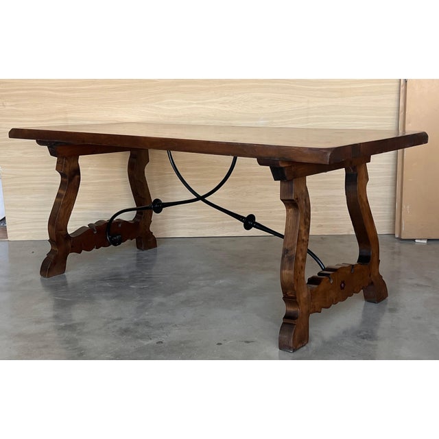 Wood 19th C. Dining or Console Table of Walnut with Lyre Legs and Heavy Top, Spain For Sale - Image 7 of 18