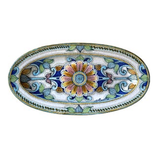 Mid 20th Century Italian Majolica Floral Daisy Oval Decorative Plate For Sale