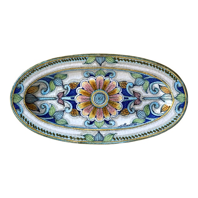 Mid 20th Century Italian Majolica Floral Daisy Oval Decorative Plate For Sale