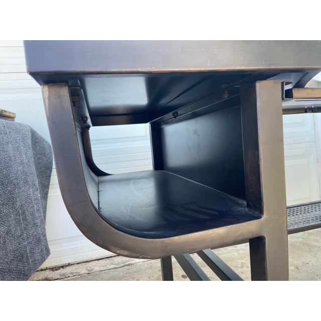Restoration Hardware French Factory Industrial Metal Desk With Patina For Sale - Image 9 of 12
