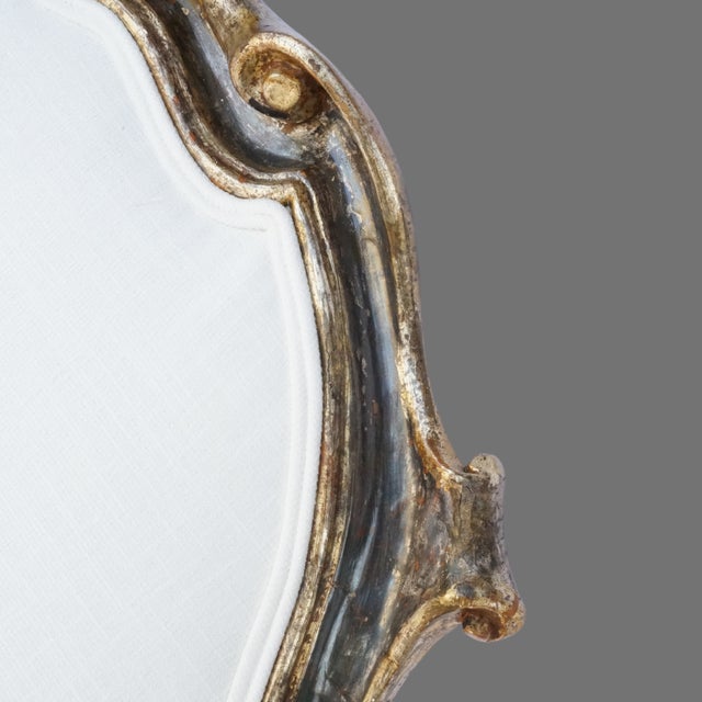 Chocolate Antique Italian Venetian Rococo King Headboard – Silver Parcel Gilt, Crypton Linen Re-Upholstery For Sale - Image 8 of 12