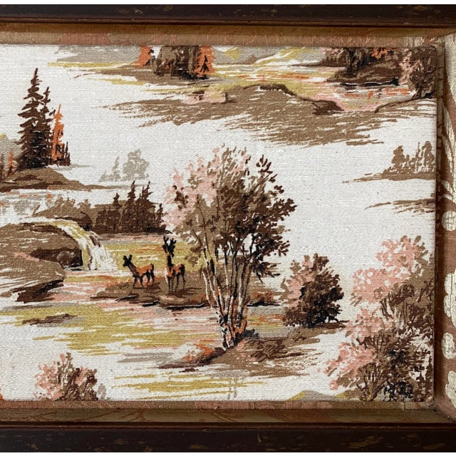 Custom Framed Vintage Toile Barkcloth Fragment Featuring Forest Scene With Deer For Sale In Minneapolis - Image 6 of 8