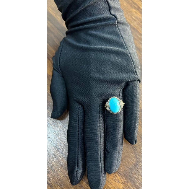 Oval Shape Blue Teal Turquoise Diamond Halo Pave 14k Yellow Gold Ring, Size 7 For Sale - Image 10 of 13