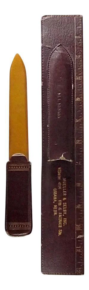 Vintage Bakelite Letter Opener With Leather Ruler Sheath