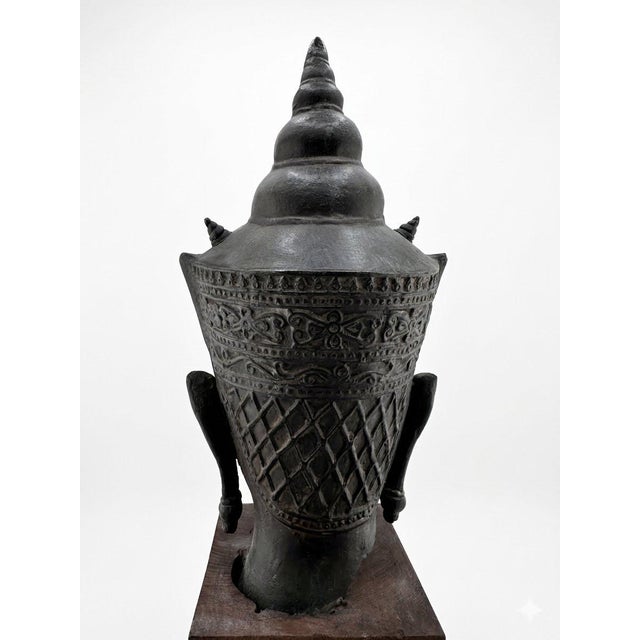 Asian Antique Vintage Bronze Crowned Buddha Head in Thai Ayutthaya Style. Wood Base Sculpture For Sale - Image 3 of 6