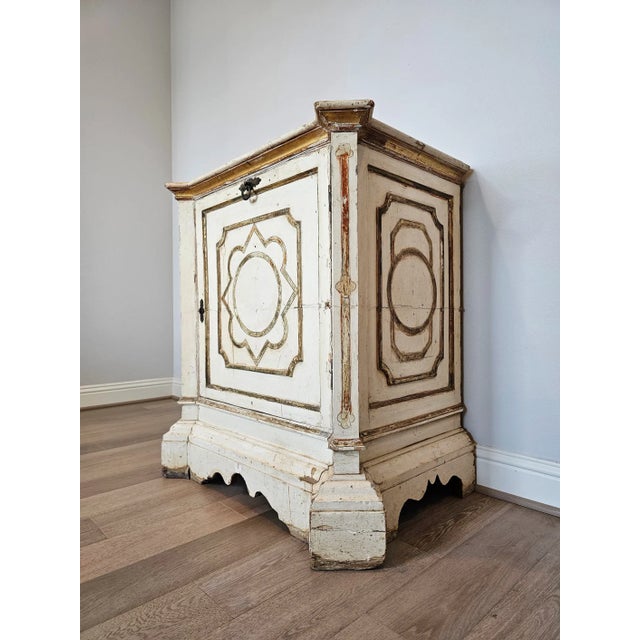 Antique Italian Painted White Parcel Gilt Single Door Cabinet For Sale - Image 4 of 12