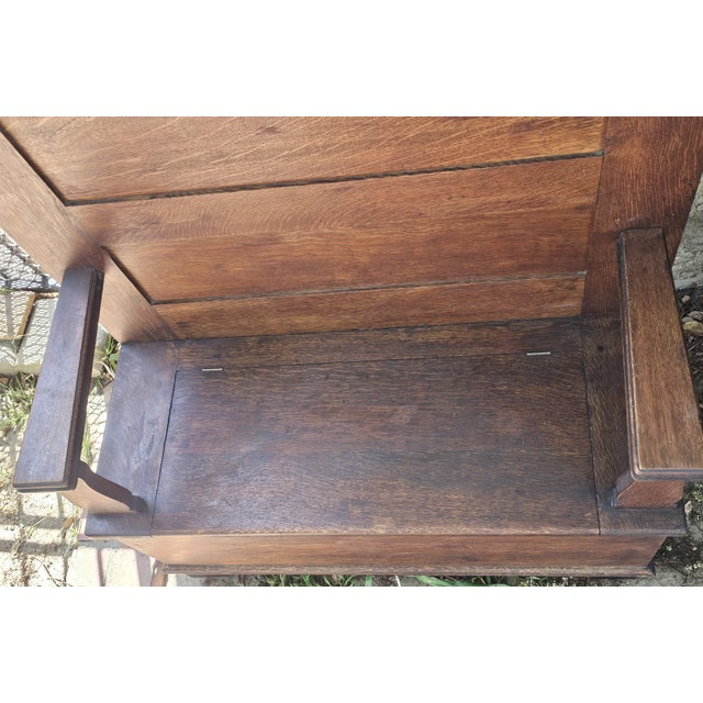 Wood Antique American Quarter Sawn Tiger Oak Hall Tree With Beveled Mirror & Storage Bench For Sale - Image 7 of 18