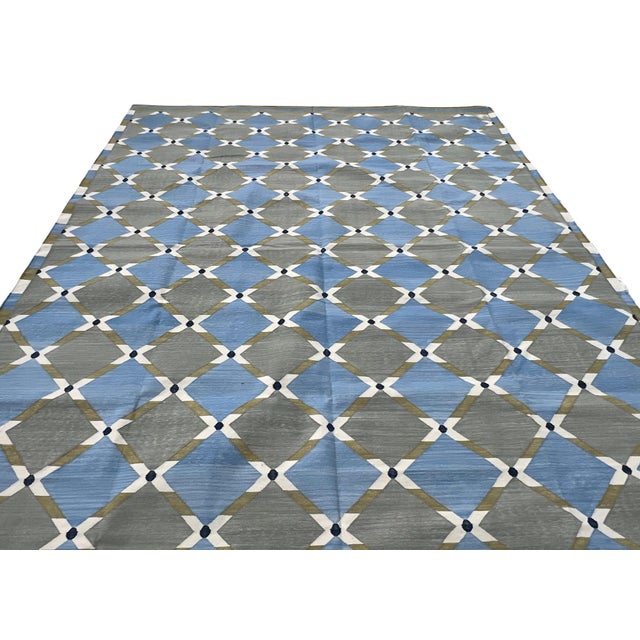 Handwoven Cotton Area Rug, Grey, Sky Blue, Green and Cream Geometric Dhurrie - 8'x10' For Sale - Image 6 of 13