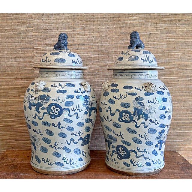 Chinoiserie Large Chinoiserie Temple Jars With Foo Dog Designs - A Pair For Sale - Image 3 of 8