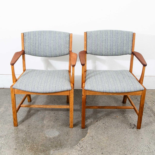 1960s Mid Century Danish Modern Armchairs Dining Chairs Teak Gray Wool Oak Captain MCM For Sale In Sacramento - Image 6 of 13