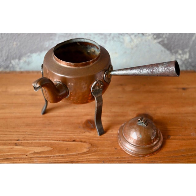 Brown Antique 18th Century Hammered Copper Teapot on Wrought Iron Tripod For Sale - Image 8 of 10