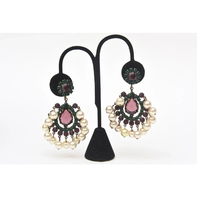 Modern Vintage Kenneth Jay Lane Green, Purple Pearl Dangle Chandelier Clip On Earrings - 2 Pieces For Sale - Image 3 of 7