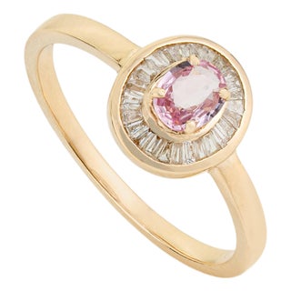 Pink Sapphire & Baguette Diamond Vintage Ring in 14k Yellow Gold Size 5 For Sale