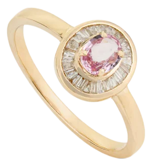 Pink Sapphire & Baguette Diamond Vintage Ring in 14k Yellow Gold Size 5