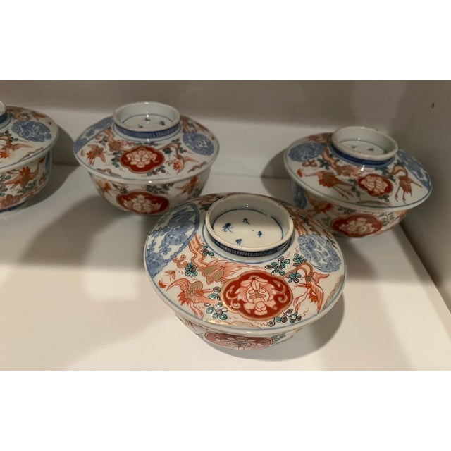 Metal Antique Colored-Imari Rice/Soup Bowls With Lids - Rare Collection of Set of 12 For Sale - Image 7 of 18