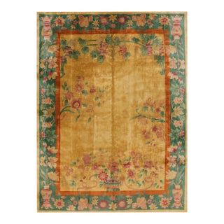 1920s Gold Floral Antique Chinese Art Deco Area Rug 8' 6"x 11' 4" Handknotted Wool Carpet For Sale