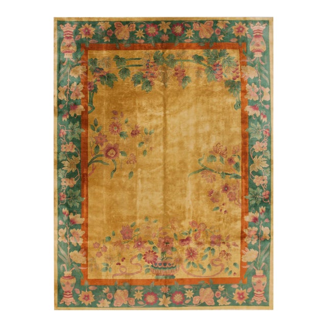 1920s Gold Floral Antique Chinese Art Deco Area Rug 8' 6"x 11' 4" Handknotted Wool Carpet For Sale