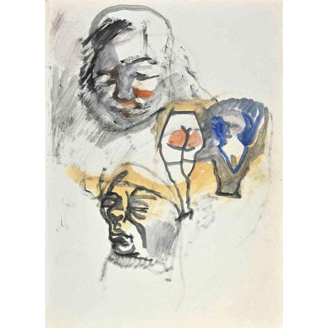 Mino Maccari, The Faces, Original Ink & Watercolor, Mid-20th Century For Sale