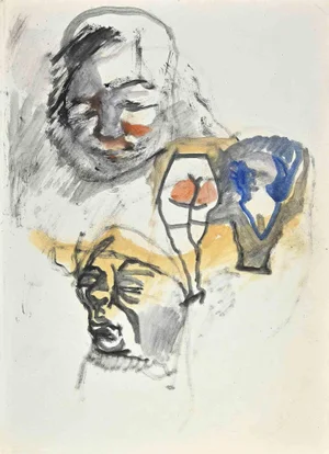 Mino Maccari, The Faces, Original Ink & Watercolor, Mid-20th Century