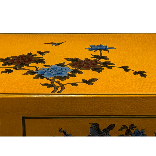 Oriental Bright Mustard Yellow Vinyl Flower Bird Graphic Cabinet For Sale - Image 11 of 16