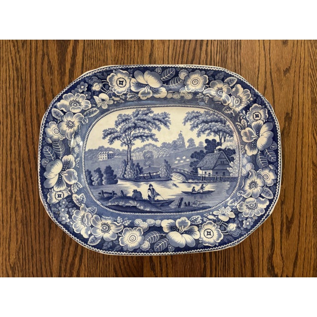 Ceramic 19th Century Pair of Staffordshire Wild Rose Blue and White Large Platters For Sale - Image 7 of 8