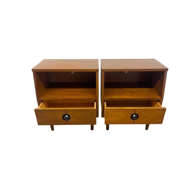 1960s Pair of Vintage Mid-Century Nightstands - Open Shelf & Drawer, Atomic Round Pulls For Sale In Seattle - Image 6 of 9