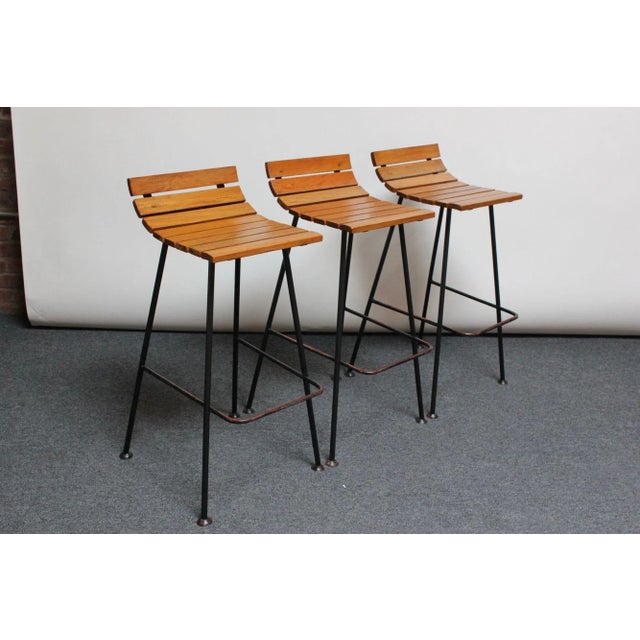 Set of Three Vintage Modernist Maple and Wrought Iron Bar Stools For Sale - Image 11 of 11
