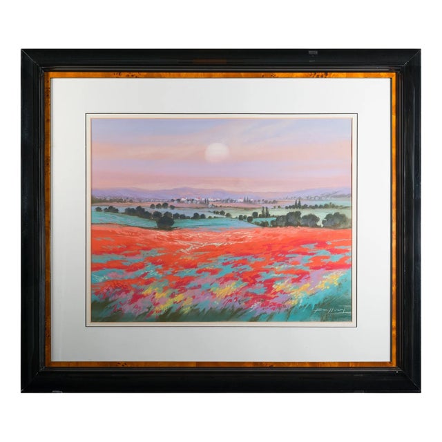 Sunset Over Poppy Fields Landscape, 1950s, Pastel For Sale