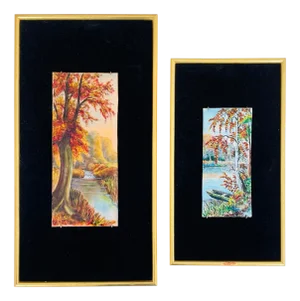 P. Bonnet, Landscapes, Limoges Enamel on Velvet Background, 20th Century, Set of 2