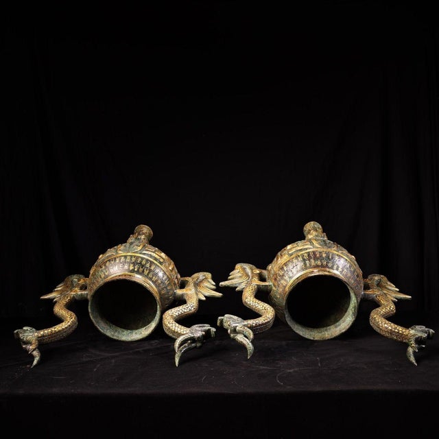 Metal Monumental Pair of Chinese Gilt Bronze Double-Gourd Censers With Dragon Handles For Sale - Image 7 of 10
