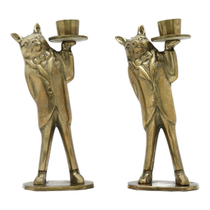 Brass Pig Butler Candle Holder, a Pair
