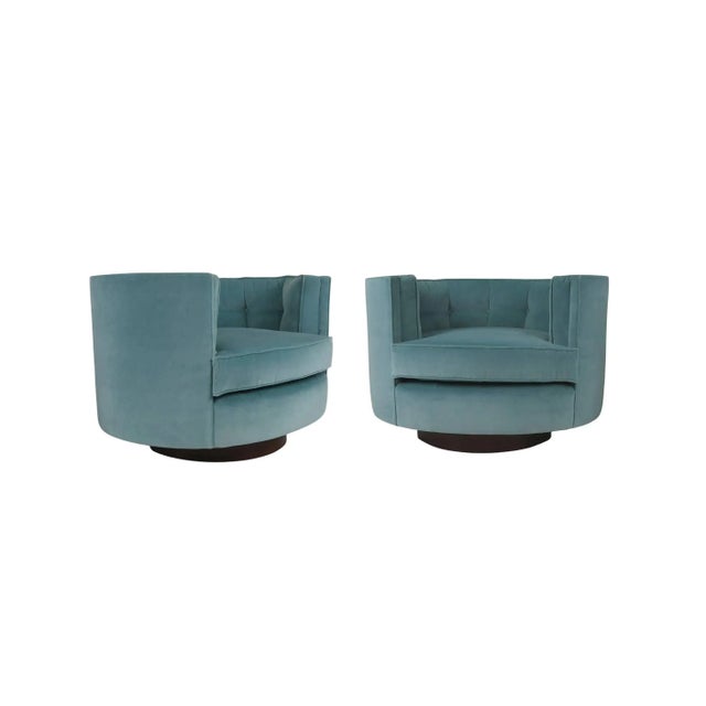 1960s Seafoam Blue Mohair Large Swivel Chairs by Milo Baughman - A Pair For Sale - Image 5 of 9