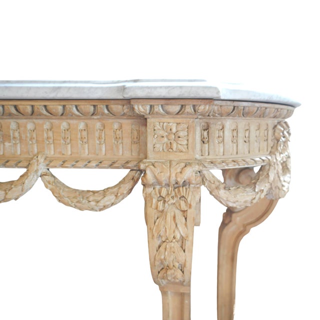 French Bleached Wood and Matte Marble Topped Louis XVI Style Console Table For Sale - Image 3 of 9