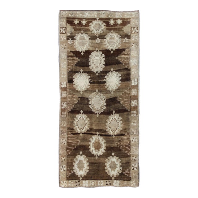 Vintage Turkish Kars Gallery Runner With Soft Cream and Brown 6'8 X 14'10 For Sale