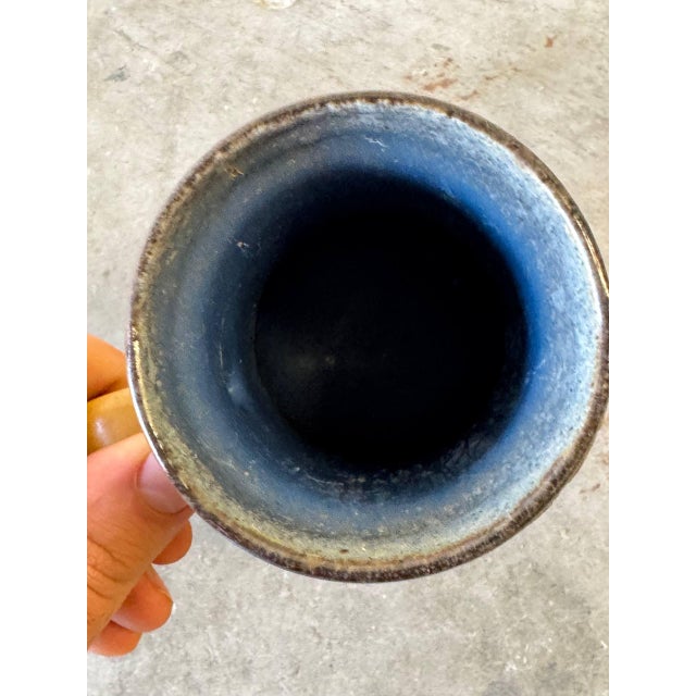 Mid-Century Strehla Keramik Vase, East German Pottery, Textured Mustard & Blue Glaze 1960s For Sale - Image 4 of 6