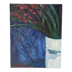 1990s Vintage Oil Painting of Gladiolas in a Bucket on Canvas Board by Rosemary Rabut