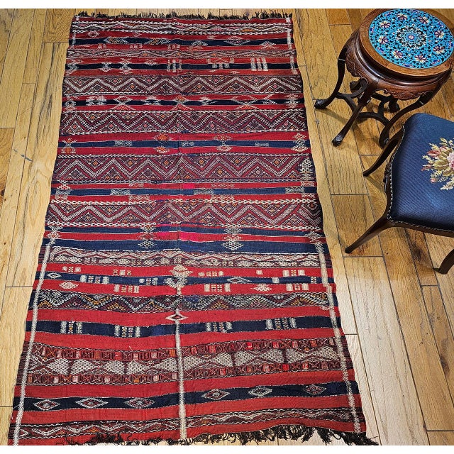 Vintage Moroccan Tribal Kilim Rug, Handwoven Wool, Stripe Pattern, Red & Blue, 5x8 For Sale In Chicago - Image 6 of 18