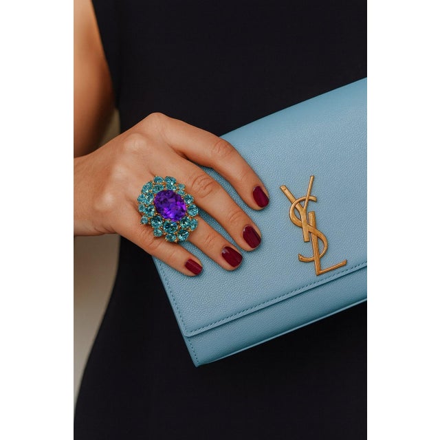 Baroque Bochic "Orient" Vintage Natural Amethyst & Blue Topaz Ring Set 18K & Silver For Sale - Image 3 of 8