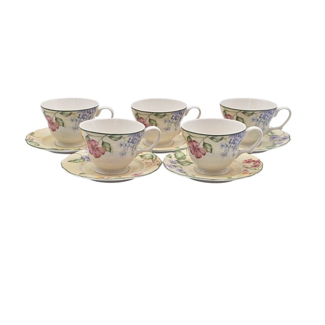 Traditional Jessica McClintock Westbury Court "Christina" Cups & Saucers – Set of 5 Floral Porcelain For Sale - Image 3 of 12