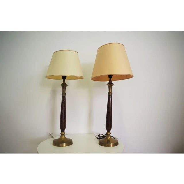Mahogany, Brass & Cotton Hats Tale Lamps from Abat Jour, 1950s, Set of 2 For Sale - Image 3 of 18