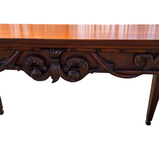 1990s Ethan Allen Mahogany Carved French Regency Sofa Hall Table Console Woven Cane For Sale In Philadelphia - Image 6 of 18