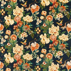 Sanderson Emperor Peony Fabric in Midnight/Apricot