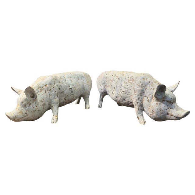Painted White Cast Iron Pigs, Set of 2 For Sale - Image 3 of 15